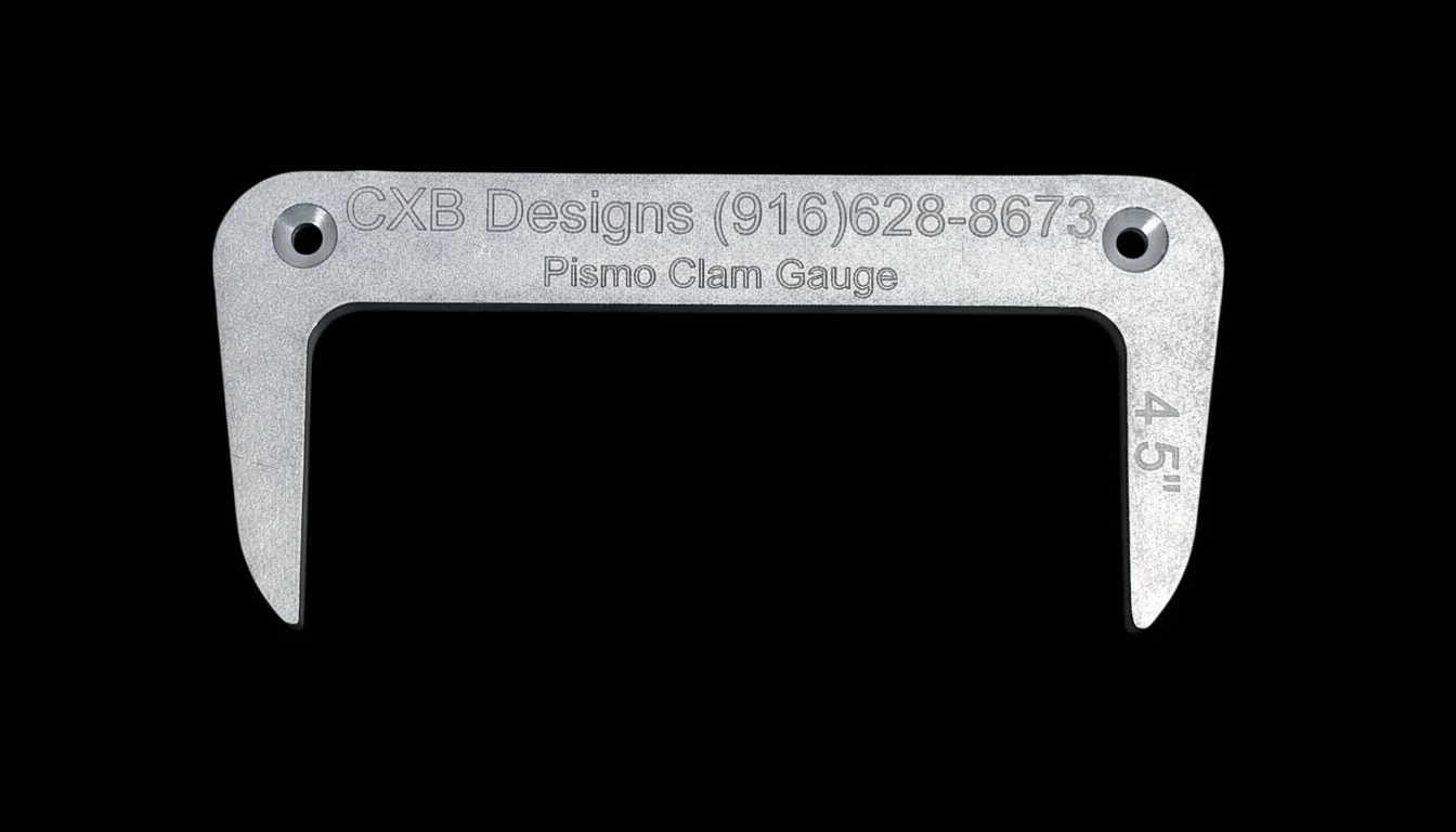 The CXB-Designs Pismo Clam Gauge — a precisely machined aluminum measuring tool with the brand name and 4.5-inch dimension marking visible.